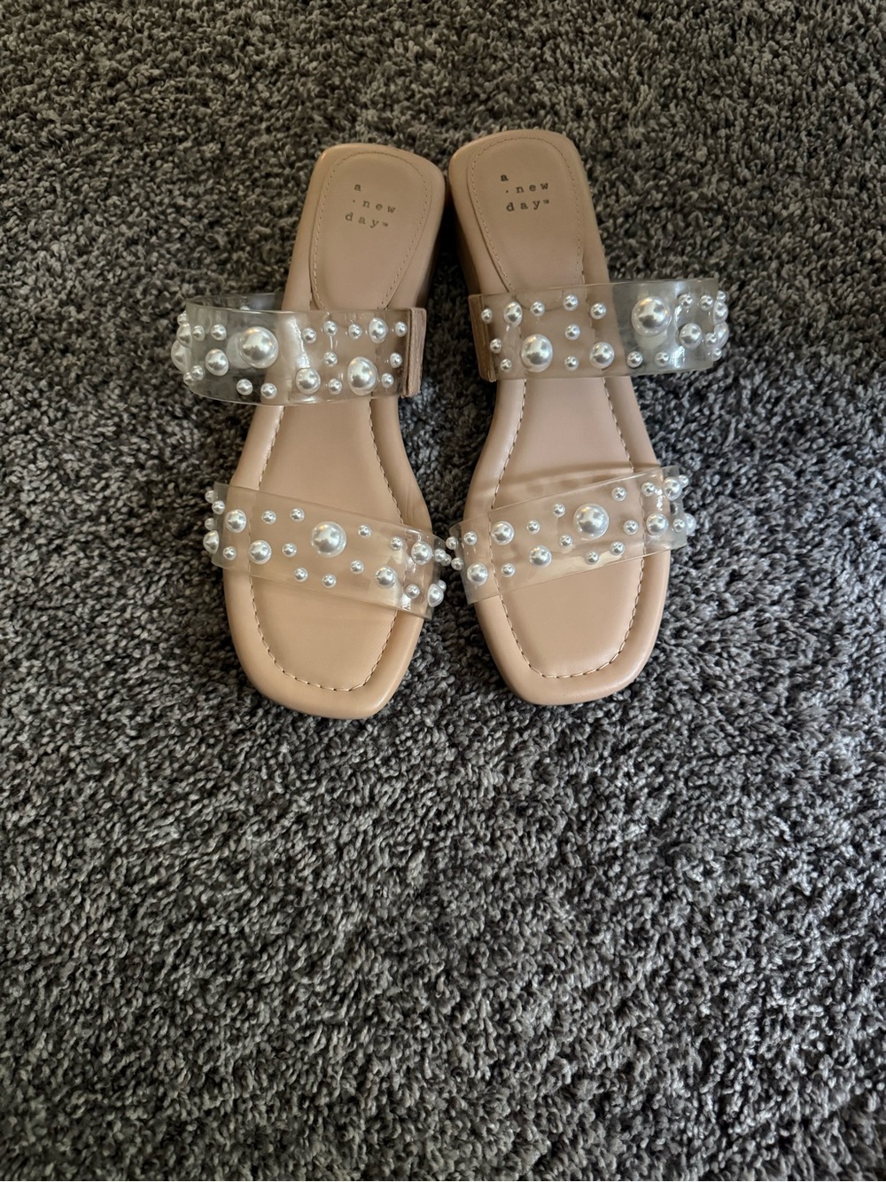 a new day Nude Pearl-Detail Clear Strap Slide Sandals